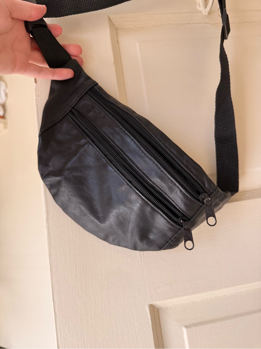 Black Leather Crossbody Belt Bag - Sleek Hands-Free Carry